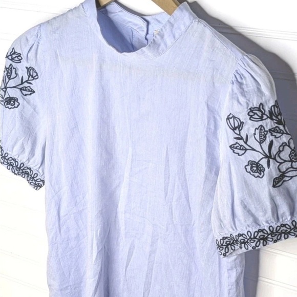 Loft Embroidered Cotton Short Sleeve Shirt Blue Small Boho - Picture 2 of 7